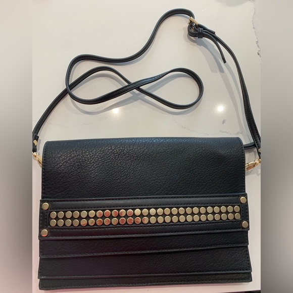 Steve Madden Bhavenn Foldover Crossbody & Clutch, Black & Gold Tone Metal Studs - Picture 7 of 10